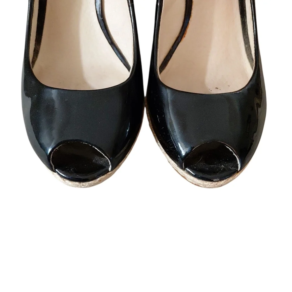 Michael Kors Keenan Black Patent Leather Peep Toe Espadrille Wedges Size 8